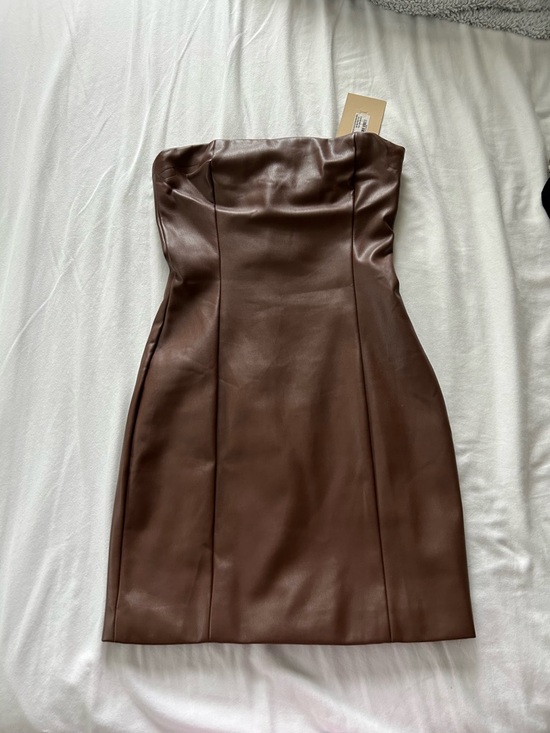 meshki brown leather dress Meshki Pamela Strapless Faux Leather Dress Brown Size S